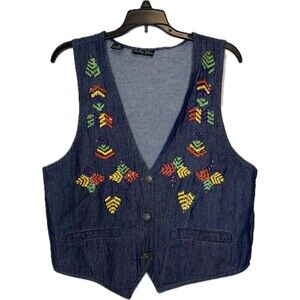 Embroidered Beaded Western Blue Denim Vest By‎ Pretty Bleu Women’s Size M Cotton